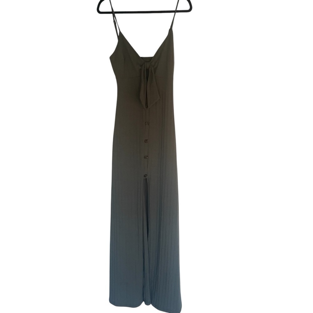 NWT Windsor Front Slit Maxi Dress Button Ribbed Spaghetti Strap Olive Tie Front - Picture 2 of 15